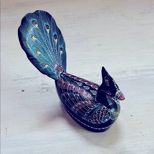 Hand Painted Black Lacquer Wood Peacock Trinket “box”  3.65” x 4”